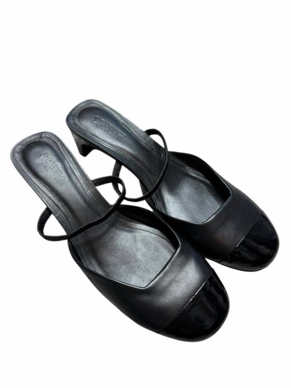 SCHUTZ Black Leather & Patent Toe Mule Heels